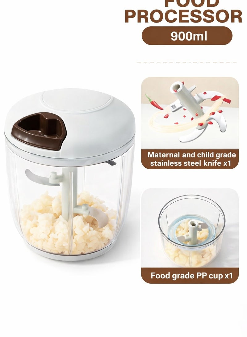 محضّر طعام يدوي سعة 900 مل – قطّاعة خضروات يدوية بسحب اليد مع شفرات من الفولاذ المقاوم للصدأ ووعاء شفاف - Image 1